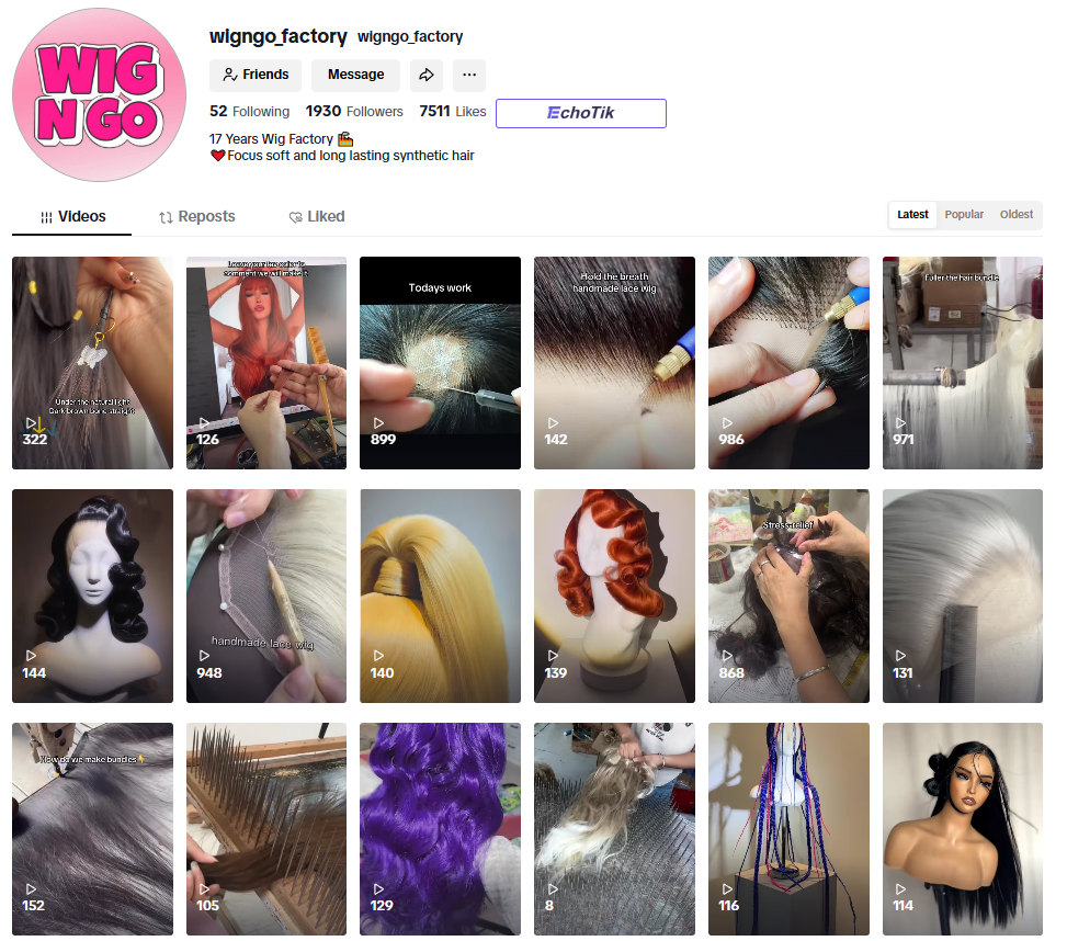 Wigngo Factory TikTok account